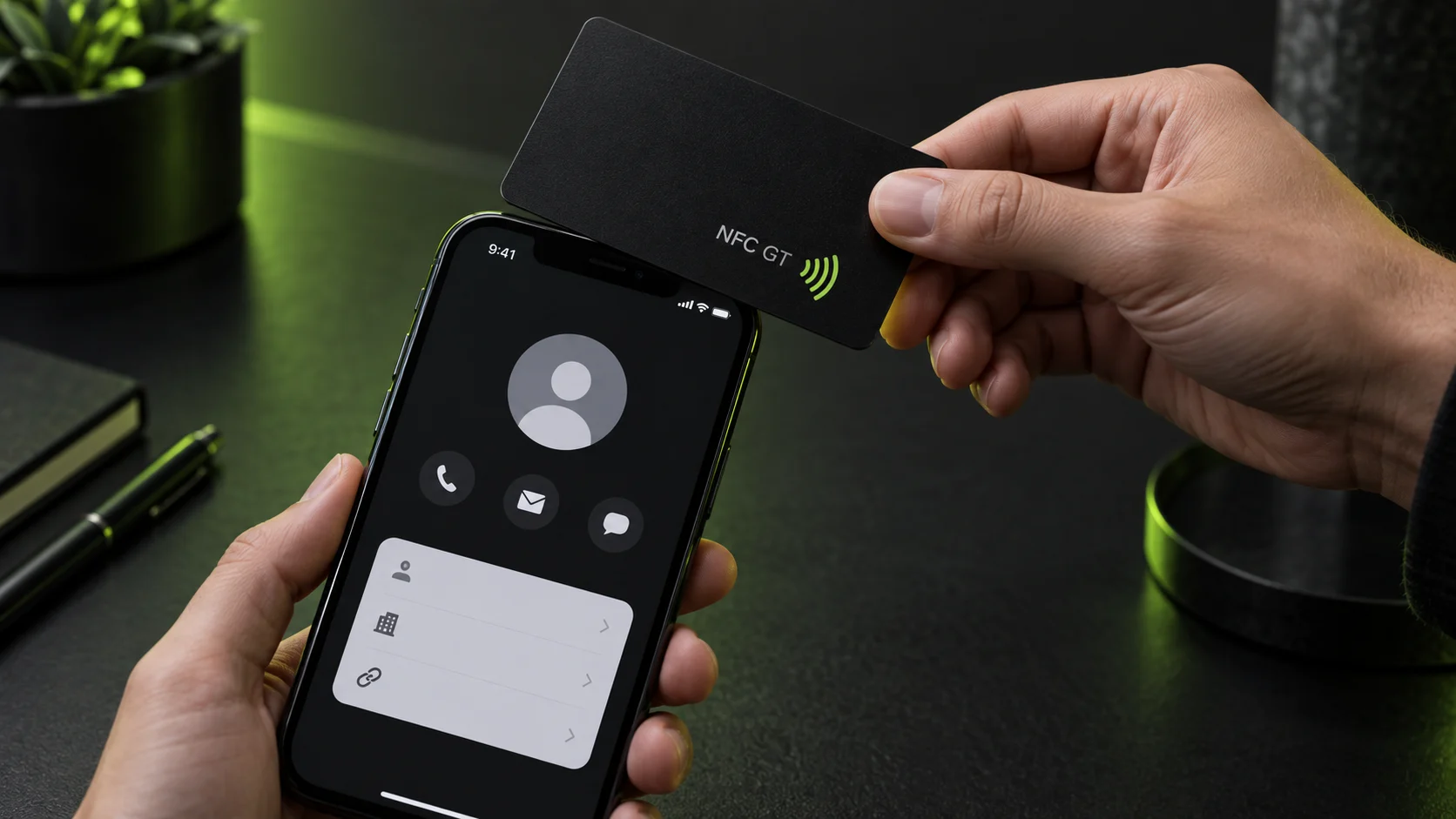 Ilustración: una mano acerca la tarjeta NFC a la parte superior de un teléfono
